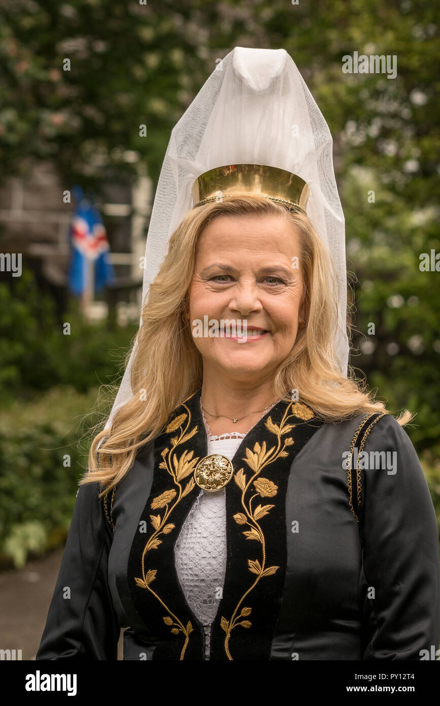 Woman dressed in Iceland's national costume independence day, June 17th, Reykjavik, Iceland. Stock Photo