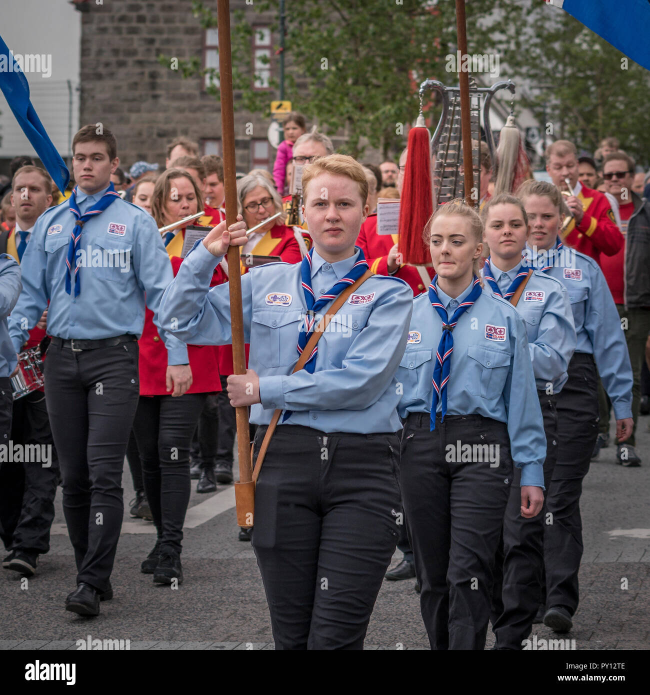 Iceland's Scouts taking part in the festivities of Independence day, June 17, Reykjavik, Iceland. Stock Photo
