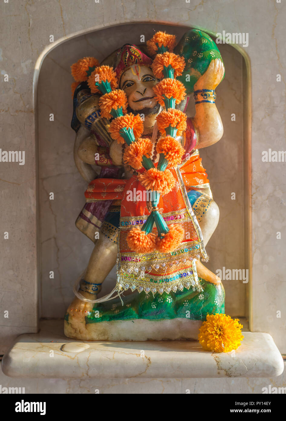 The murti of Shri Hanuman representing strength and devotion. Shri Hanuman protects the temple from evil spirits Stock Photo