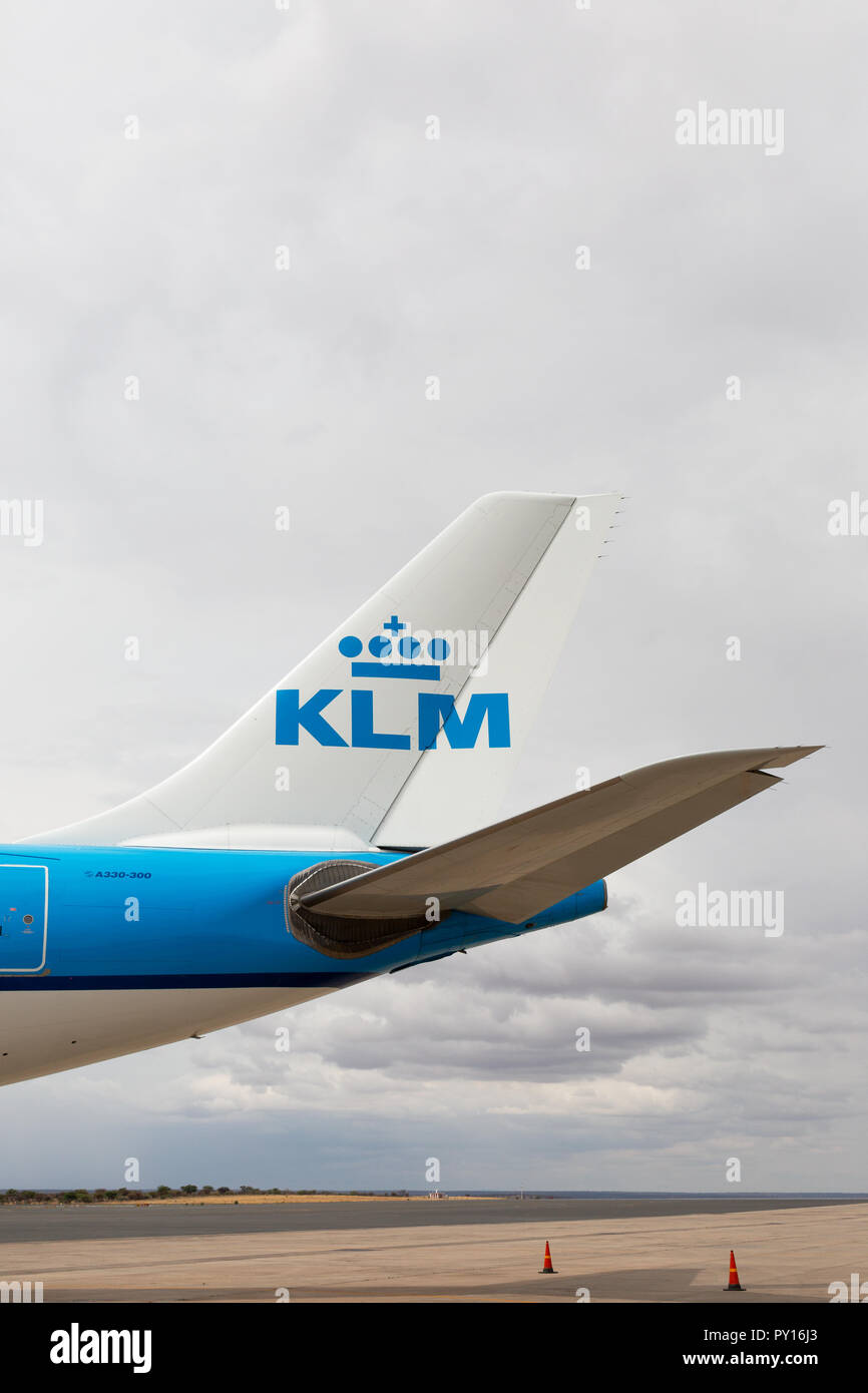 Tailplane or tailfin of a KLM plane, Royal Dutch airlines, Netherlands national carrier. Stock Photo