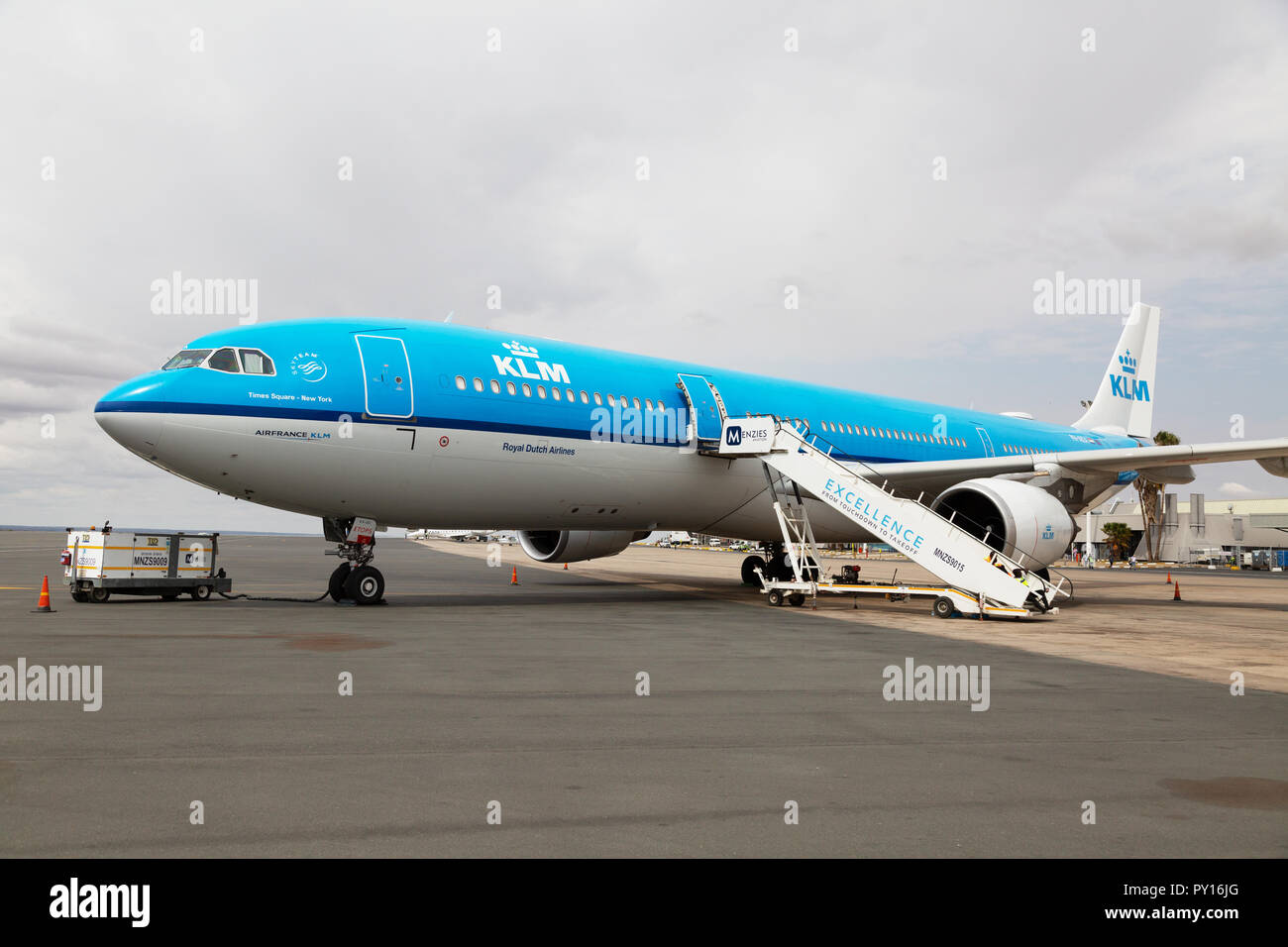 A KLM ( Royal Dutch Airlines ) plane on the ground at Windhoek airport Namibia Africa Stock Photo