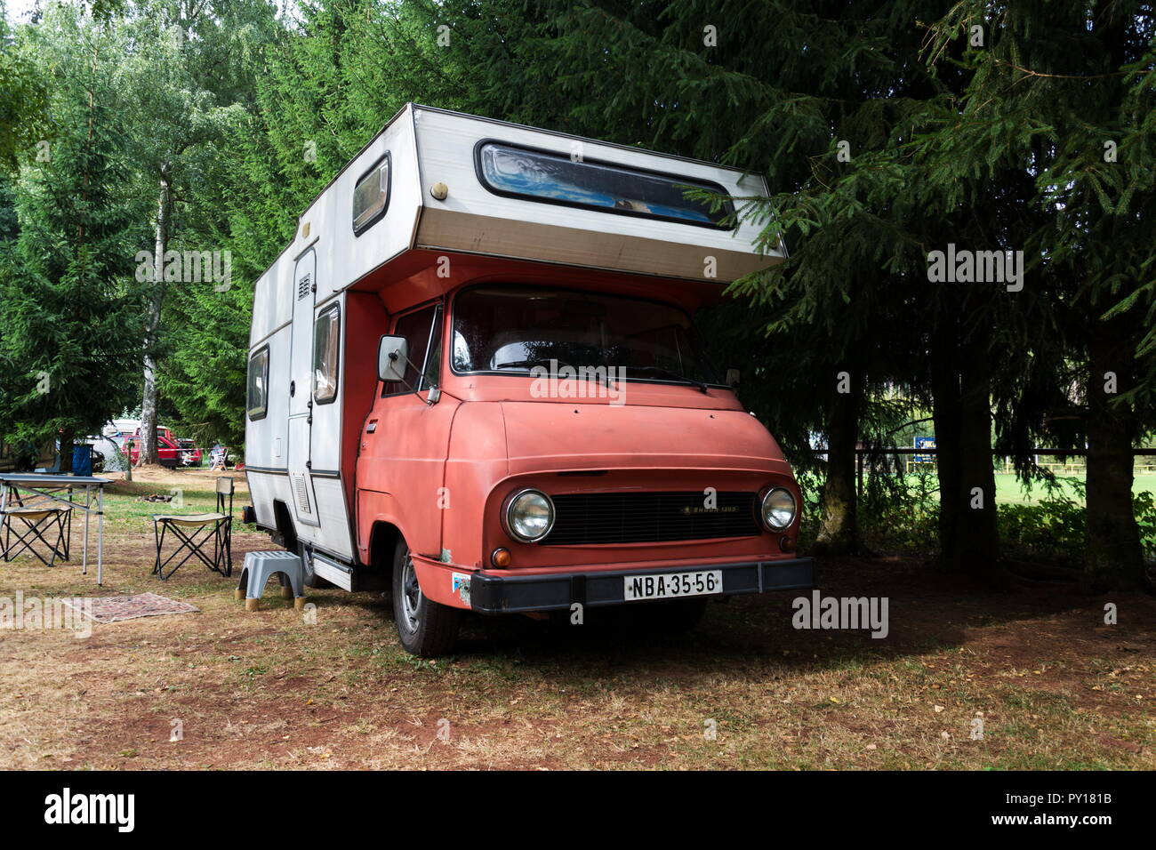DOLNI KALNA, CZECH REPUBLIC - AUGUST 25 2018: Vintage car Skoda 1203 oldsmobile veteran adapted as caravan for living stands on August 25, 2018 in Dol Stock Photo