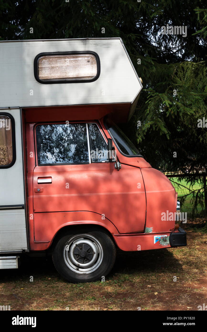 DOLNI KALNA, CZECH REPUBLIC - AUGUST 25 2018: Vintage car Skoda 1203 oldsmobile veteran adapted as caravan for living stands on August 25, 2018 in Dol Stock Photo