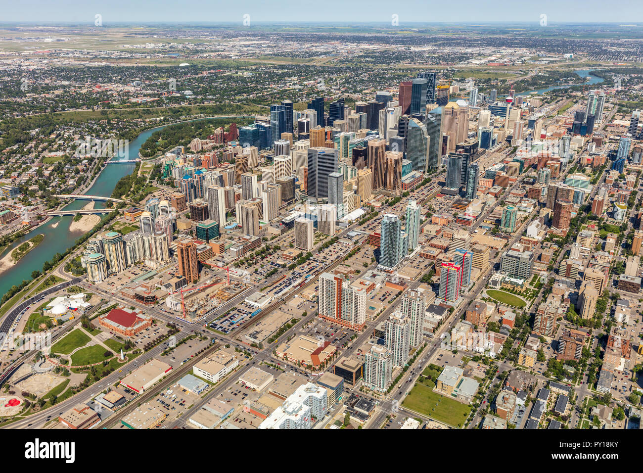 Aerial view of Calgary city centre from helicopter in summer. Stock Photo