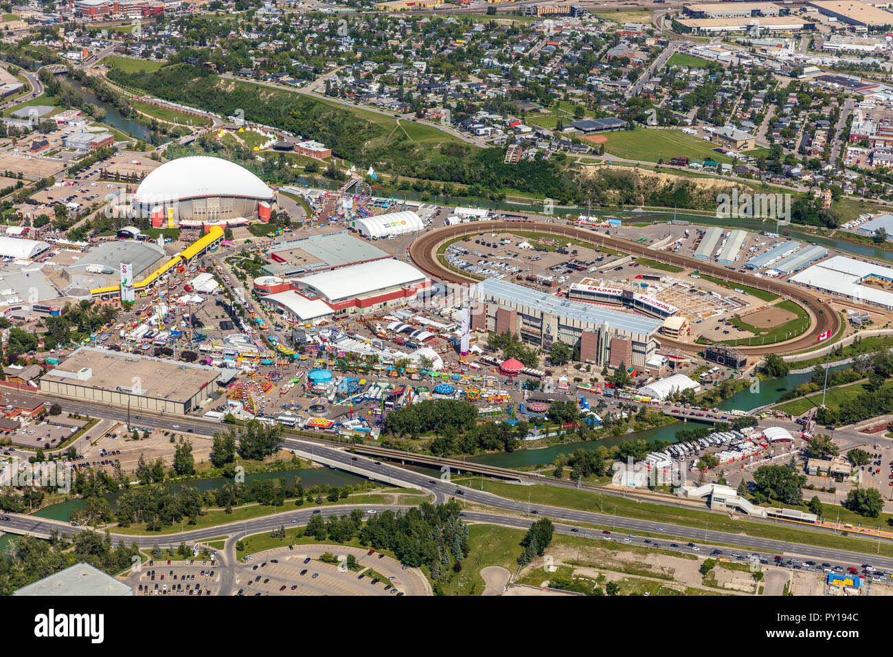 aerial view of Calgary Stampede venue during Stampede week. Stock Photo