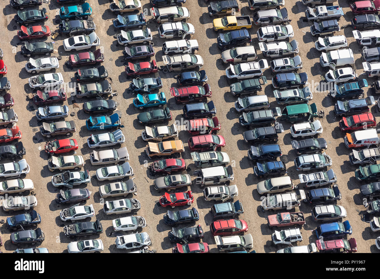 Aerial view of automobiles at auto parts recyclers Stock Photo Alamy