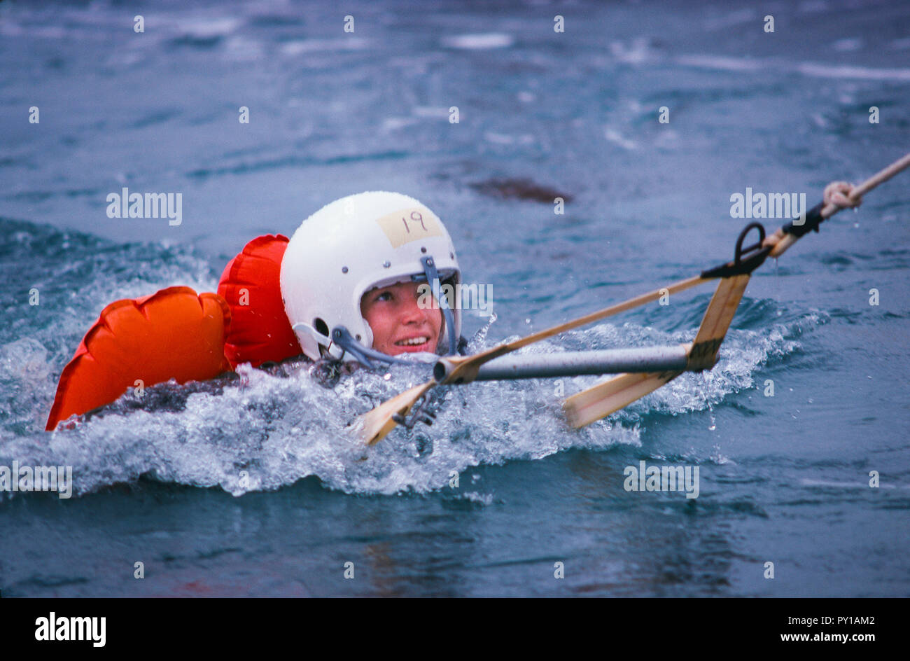 The first female NASA astronauts qualify in Water Survival School at Turkey Point, Florida. NASA Astronaut candidate Anna L. Fisher as a boat pulls her through the water during an Air Training Command sea survival school 'Drop-and-Drag' Exercise. The boat will pull her until she can stabilize herself and release the parachute risers. The exercise is designed to simulate being dragged through the water by a parachute. Fisher's classmates include Sally K. Ride, Shannon W. Lucid, Kathryn D. Sullivan, Margaret 'Rhea' Seddon and Judith A. Resnik. Stock Photo