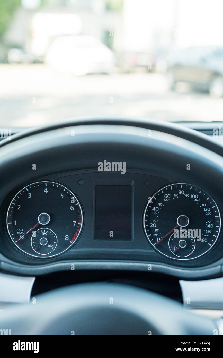 close up view of black speedometer and steering wheel in car Stock ...
