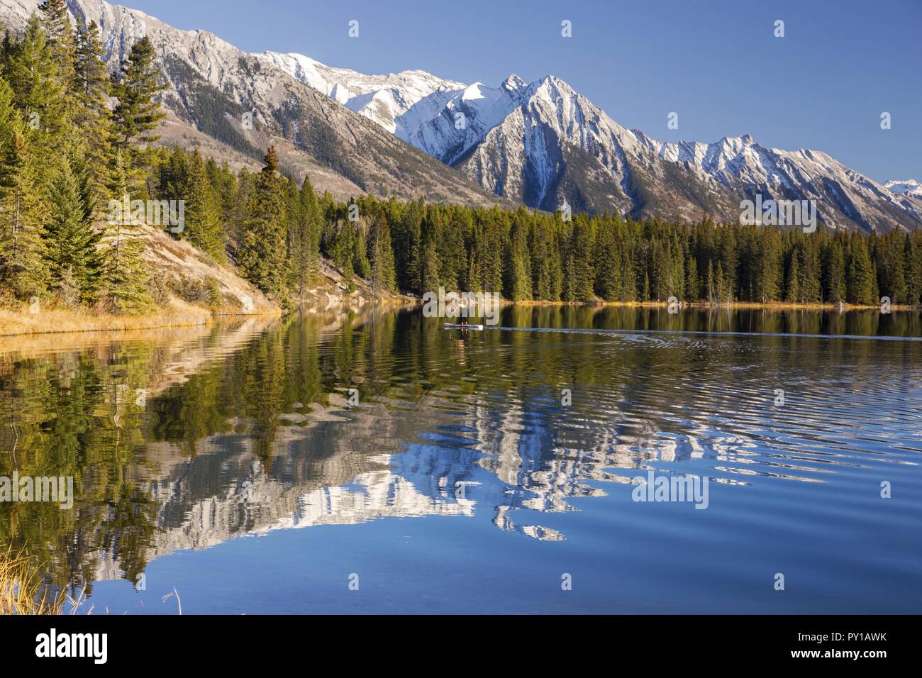 Beautiful Autumn Landscape Mountain Reflections and athletic Female on paddleboard in calm water of Johnson Lake, Banff National Park Alberta Canada Stock Photo