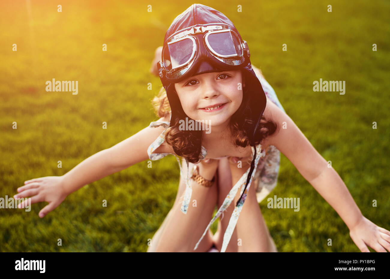 Portrait of a little pilot child having fun Stock Photo