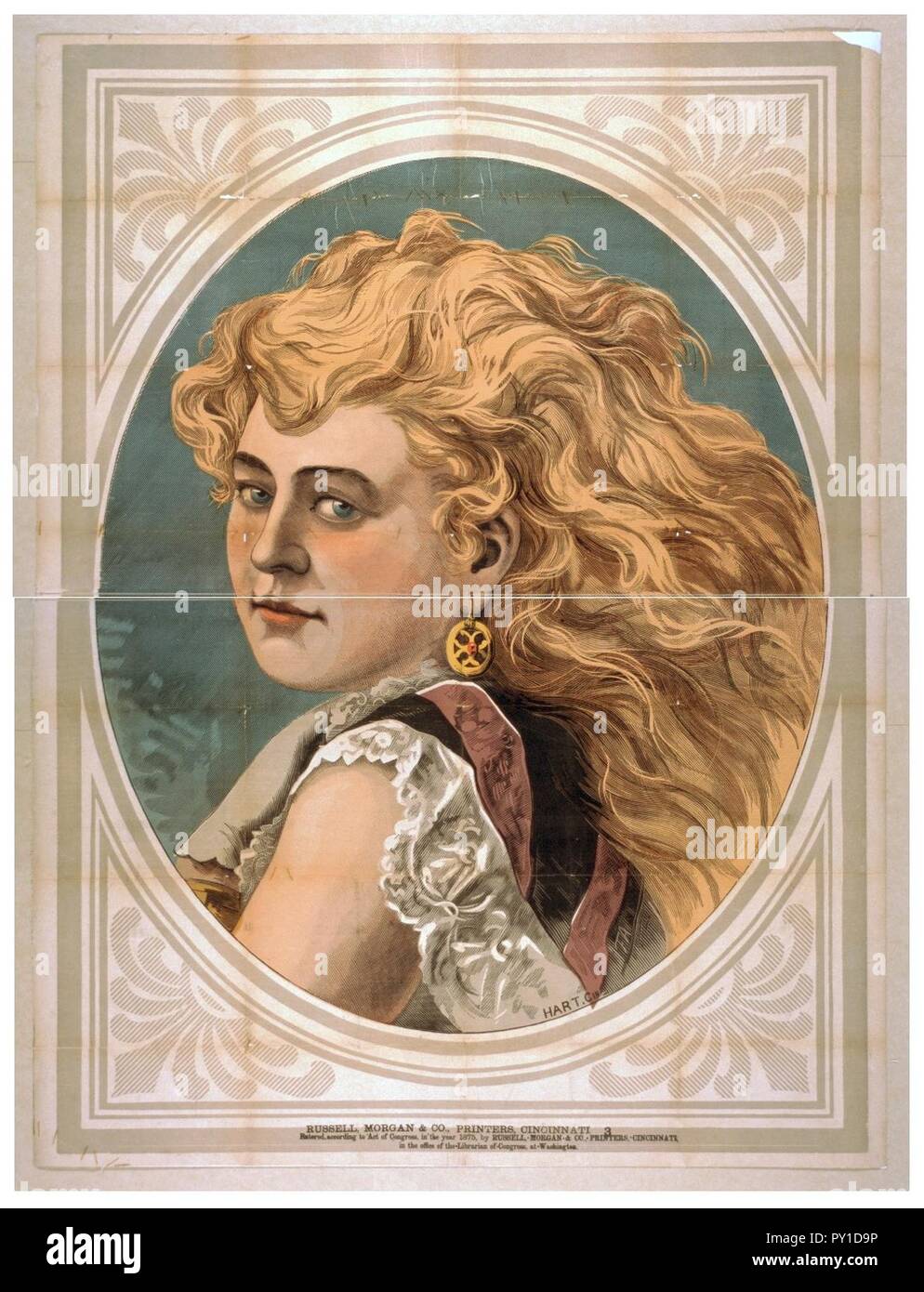 Bust view of woman with long, blond, free-flowing hair, wearing lace Stock Photo