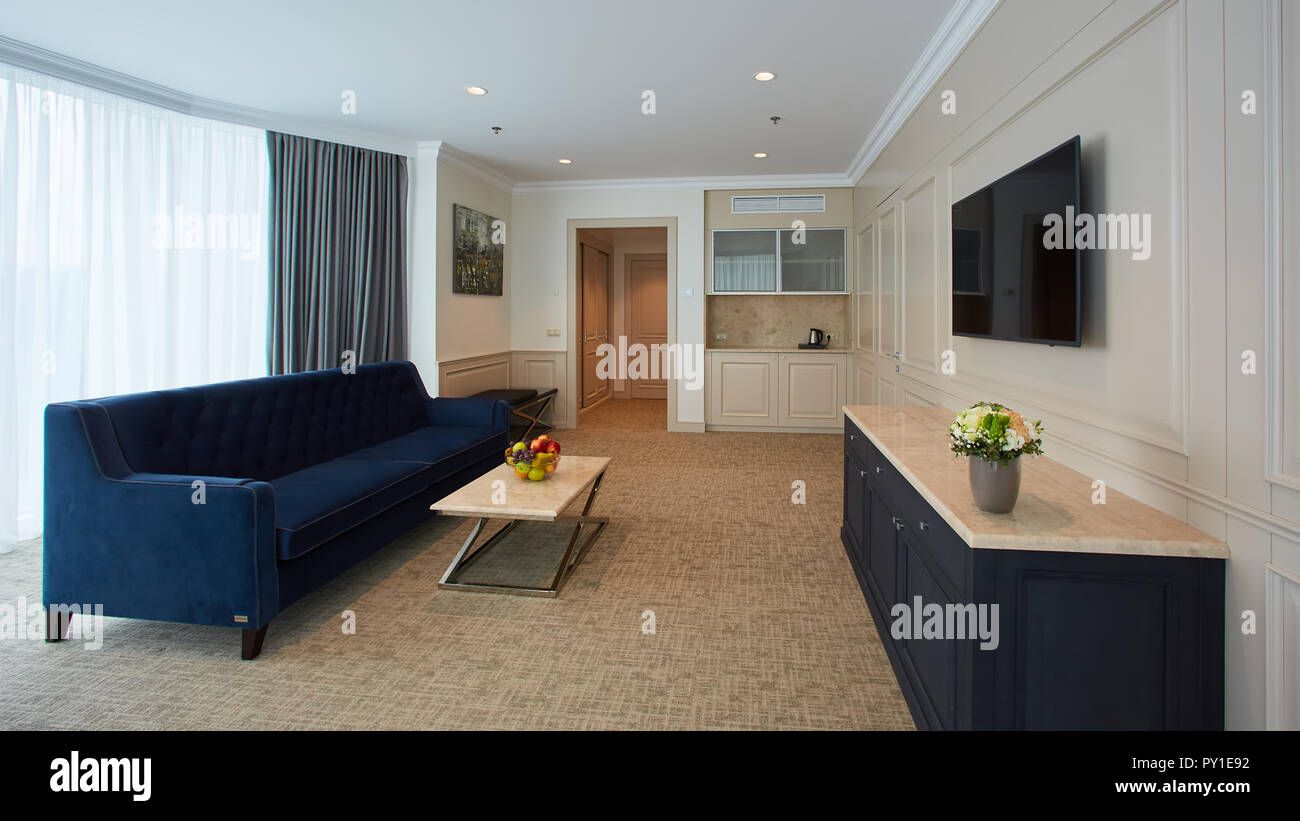 A Modern Livingroom Inside A New Flat With Tv Stock Photo