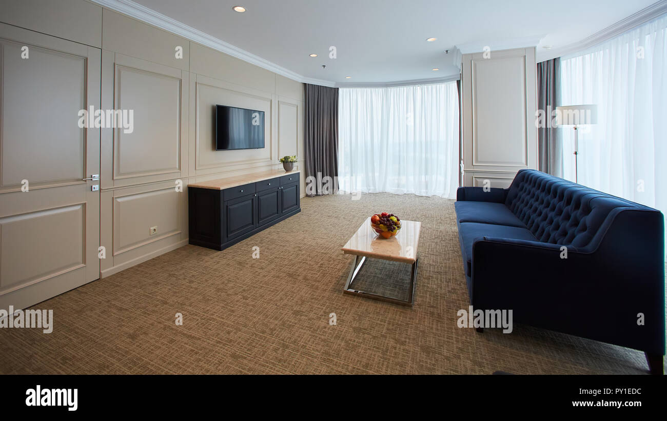 A Modern Livingroom Inside A New Flat With Tv Stock Photo