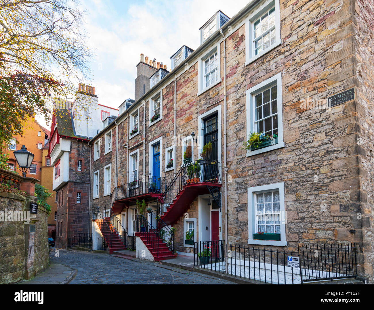 Exterior view of historic houses at Ramsay Garden in Edinburgh Old Town