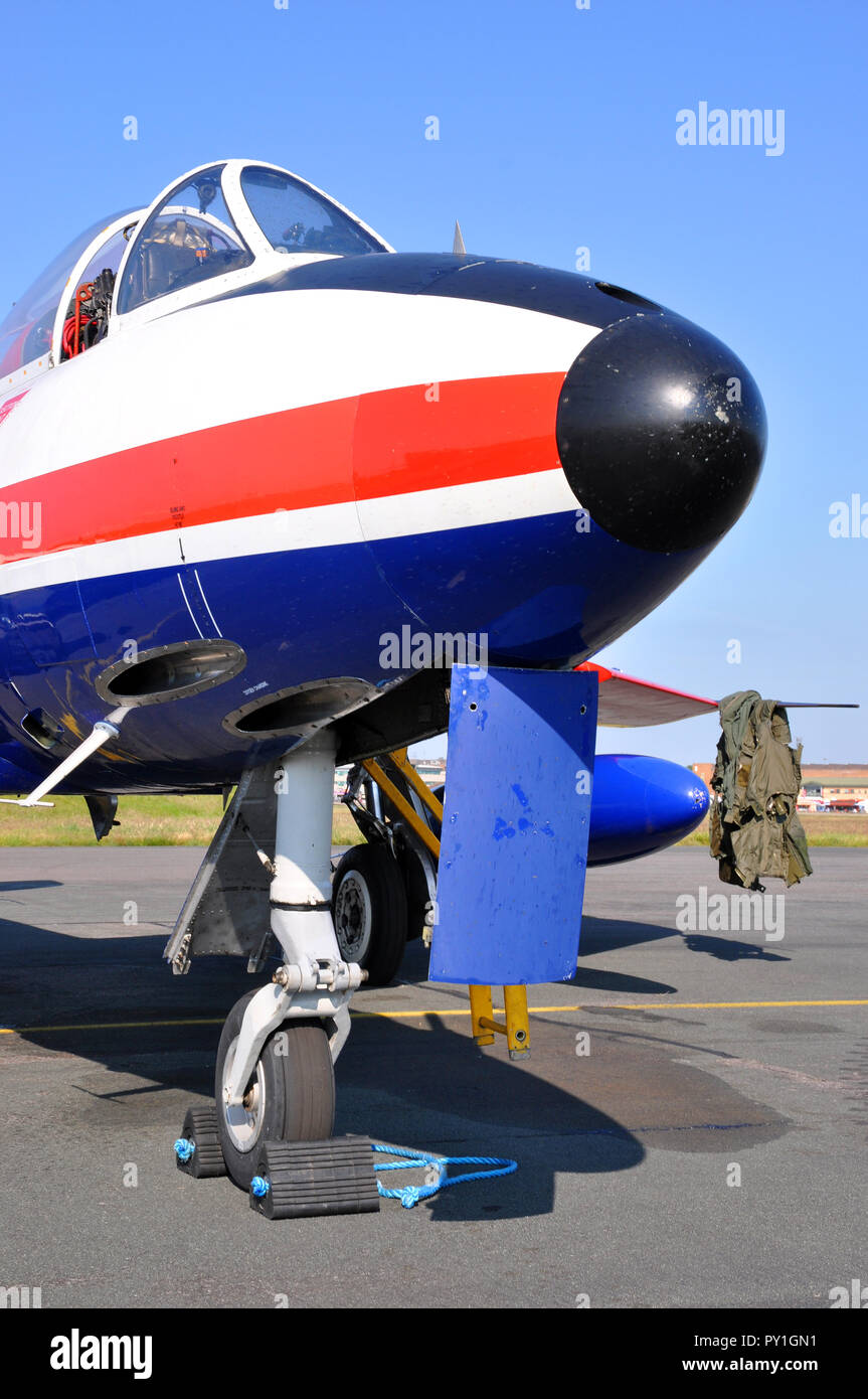 Hawker Hunter FGA.9 classic jet fighter plane XE601. Airplane with pilot's anti g suit hanging from pitot tube. Ready to fly. Blue sky Stock Photo