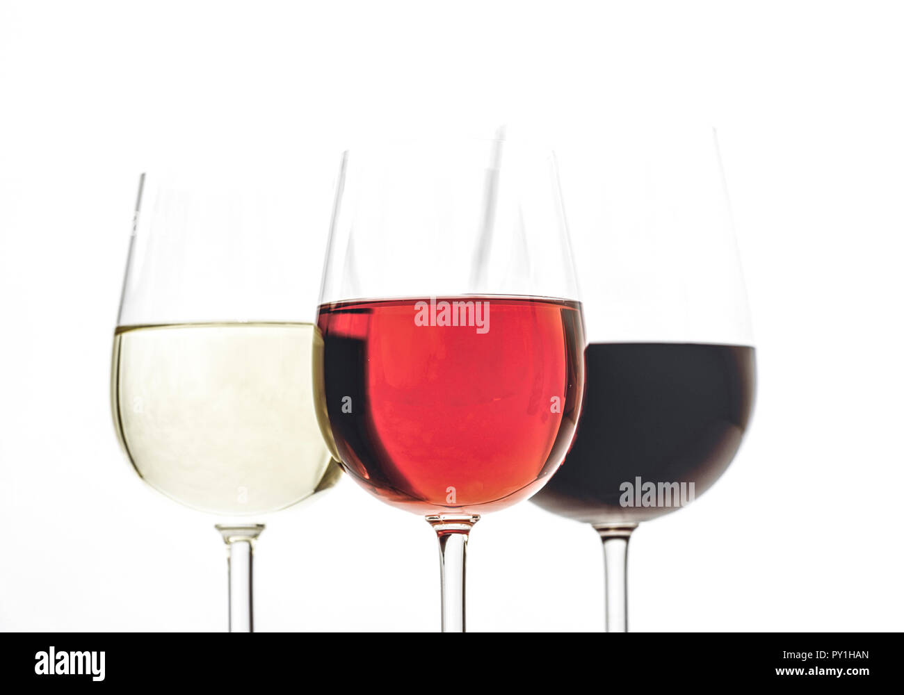 Drei Weinglaeser mit verschiedenen Weinen Stock Photo