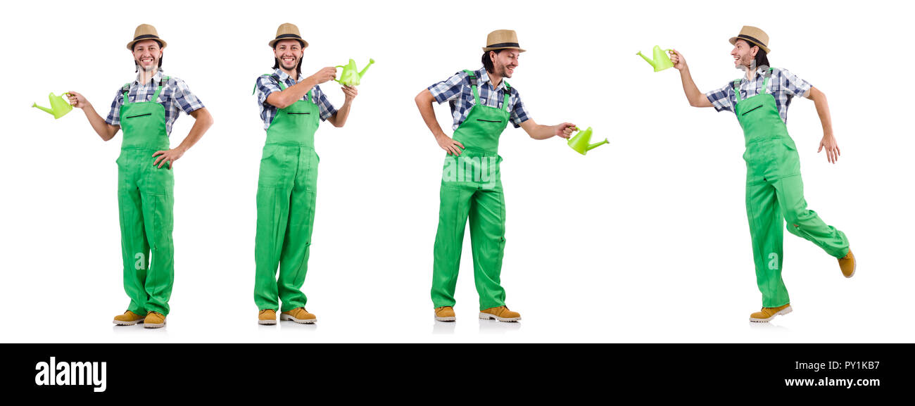 Young cheerful gardener with watering can isolated on white Stock Photo ...