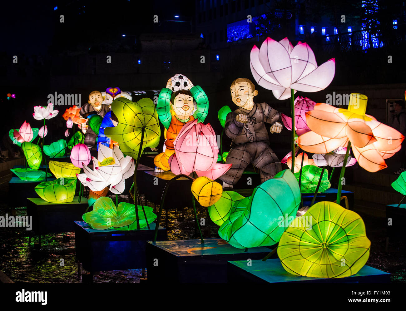 Colorful lantern decoration at cheonggyecheon stream during the Lotus Lantern Festival in Seoul