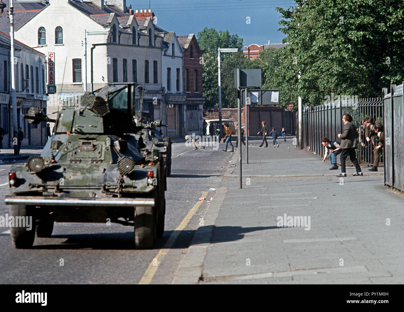 Belfast, 1972 Nationalist youths throwing stones at British Army