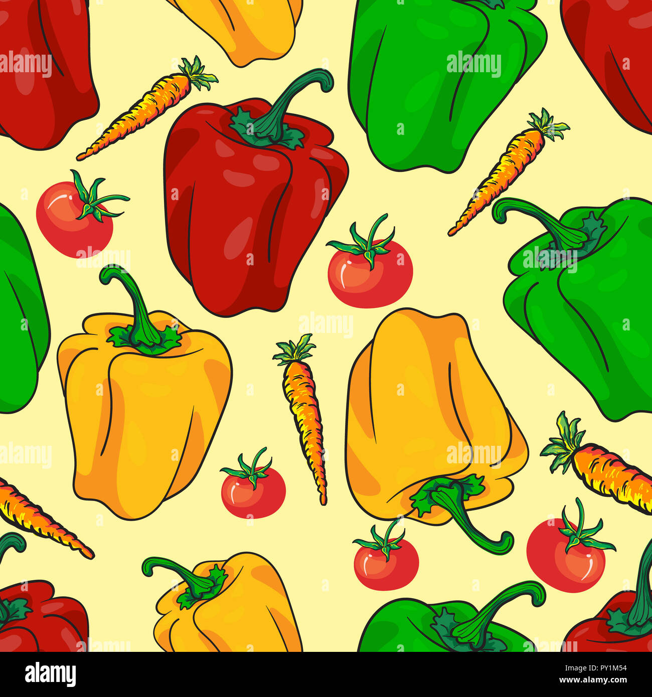 Seamless pattern vegetables with peppers, tomatoes, and carrots. Realistic hand drawing vector background for wallpaper, texture, fabric, textile, and Stock Photo