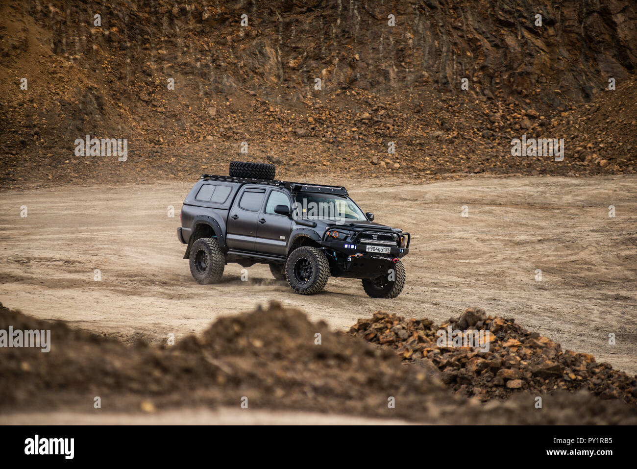 KHABAROVSK, RUSSIA - october 7, 2018: Toyota Tacoma quick ride on a offroad Stock Photo