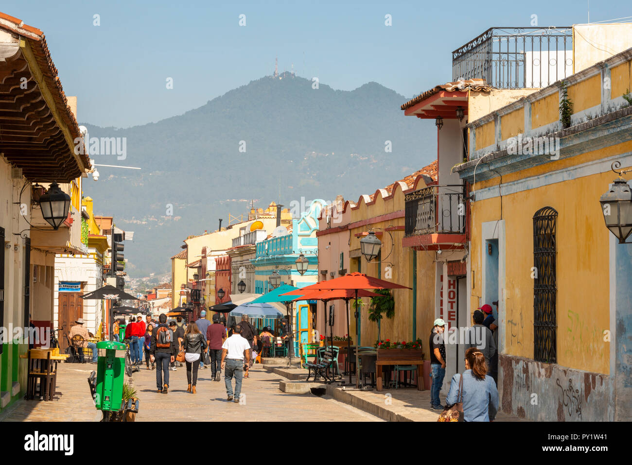 SAN CRISTOBAL DE LAS CASAS, MEXICO - MAY 25, 2018: Unidentified people walk along Real de Guadalupe in the tourist town of San Cristobal De Las Casas, Stock Photo