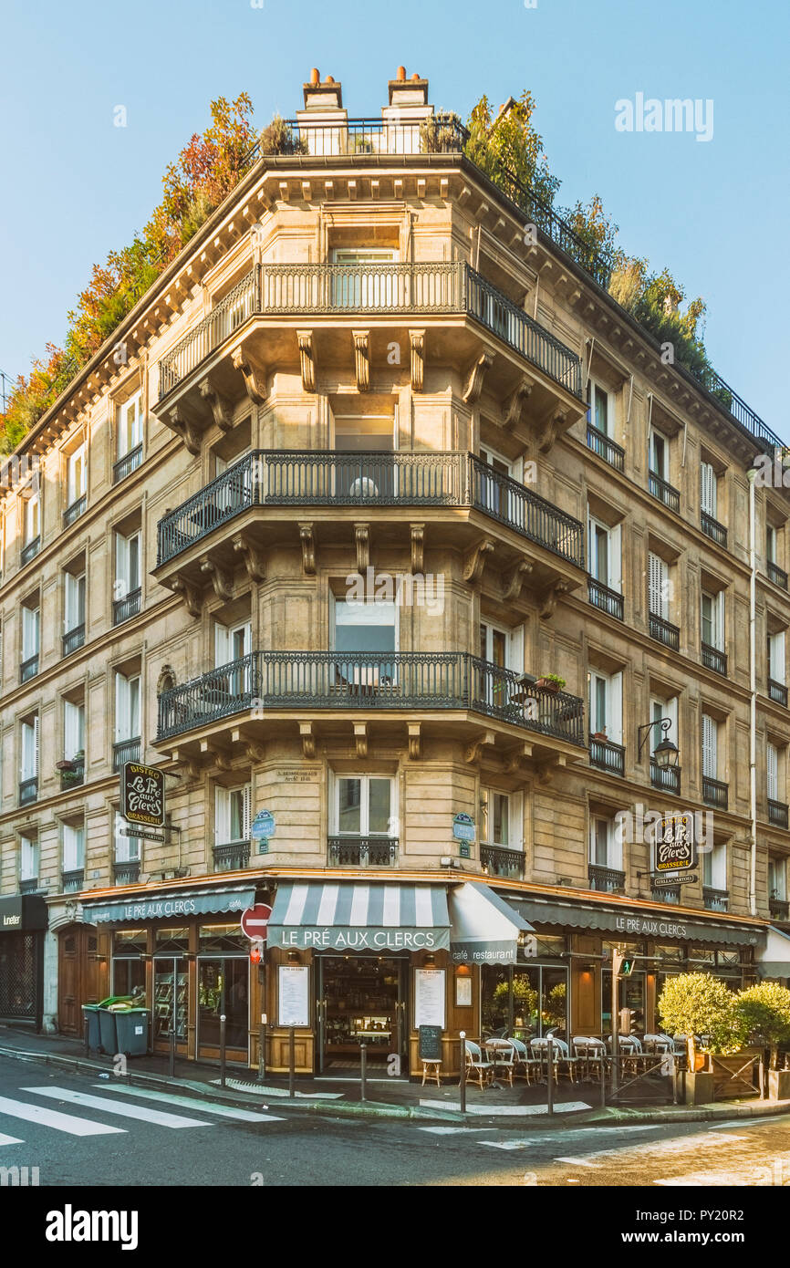 Front view of classic parisian building at Bonaparte Street, Latin quarter close to Sorbonne University, Paris, Ile-de-France, France Stock Photo