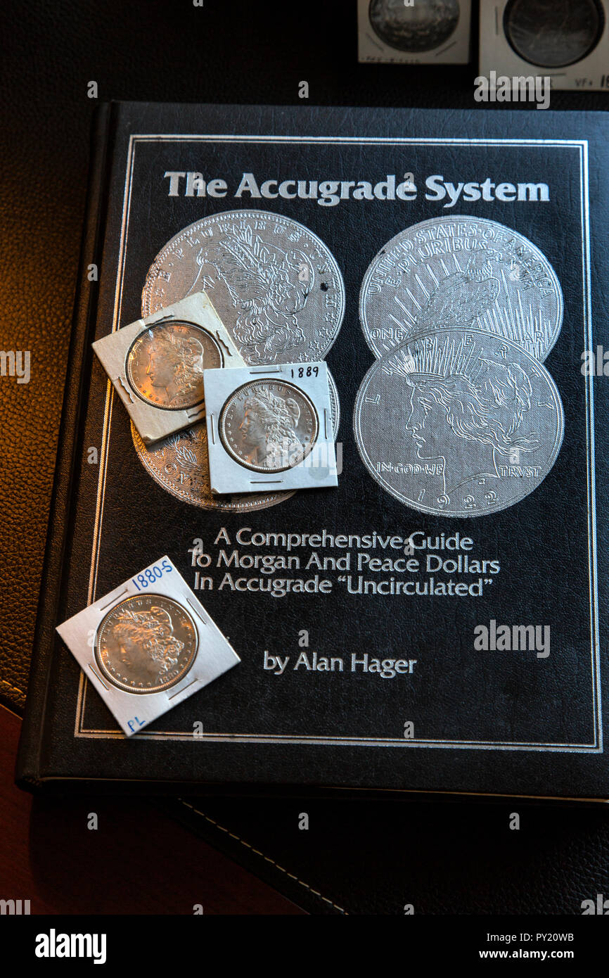 The Accugrade System Reference Book by Alan Hager considered by many the first one to offer a grading system for coins pictured with Morgan Dollars Stock Photo