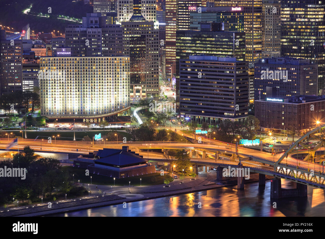 Night view of downtown Pittsburgh, Pennsylvania, USA, from the South Side Stock Photo