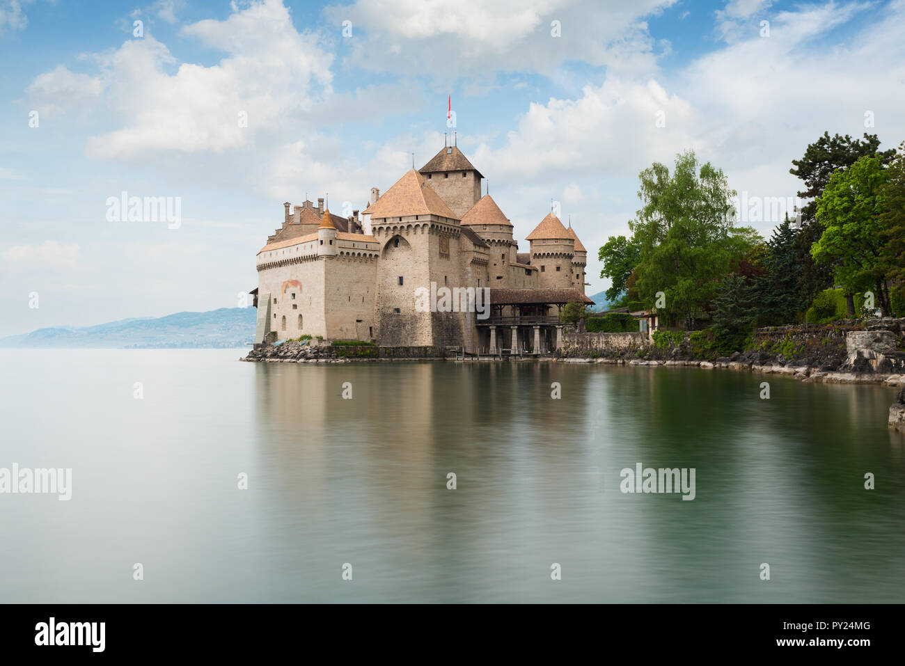 Beautiful view of famous Chateau de Chillon at Lake Geneva, one of