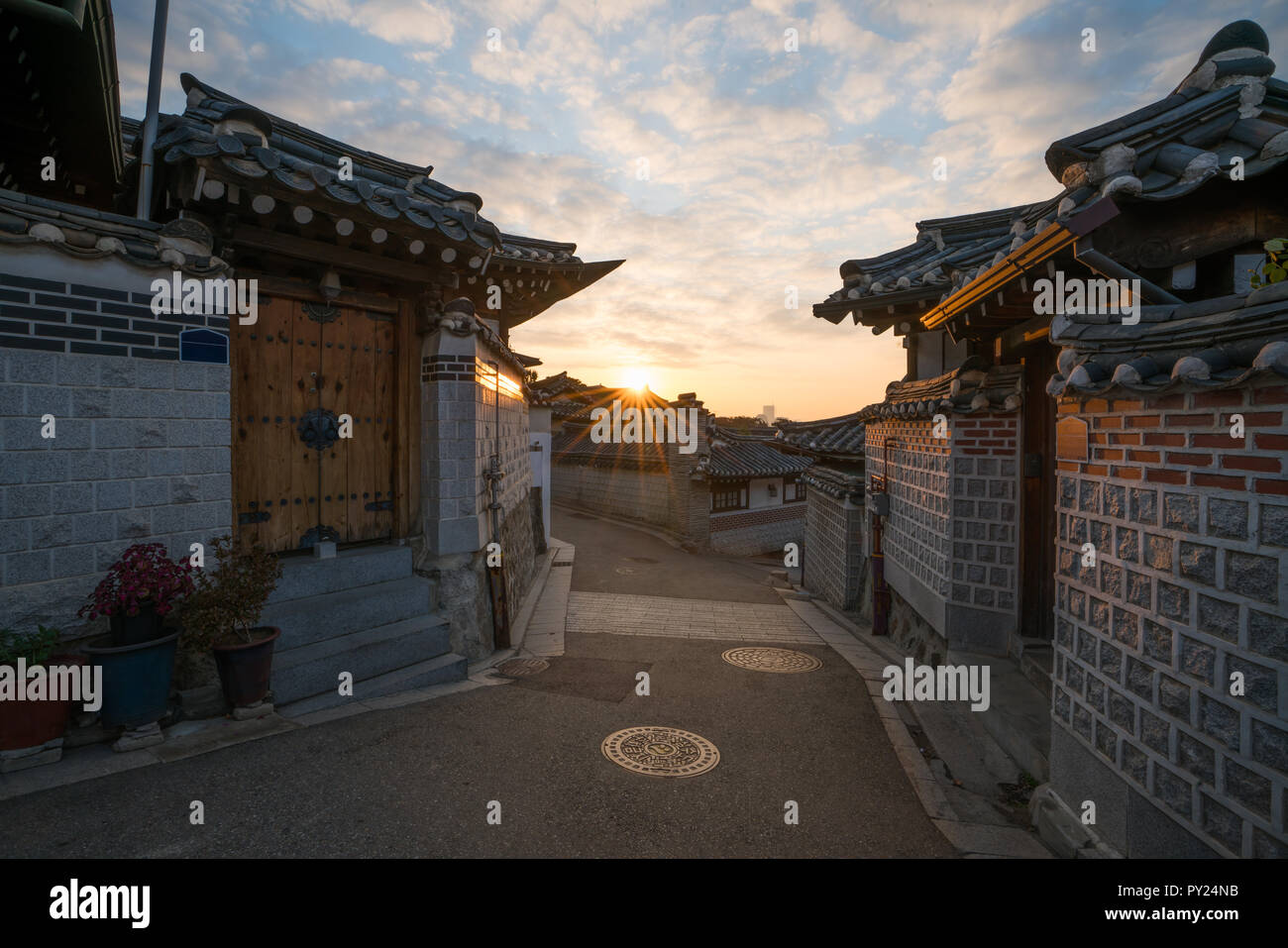Traditional Korean style architecture at Bukchon Hanok Village in Seoul ...