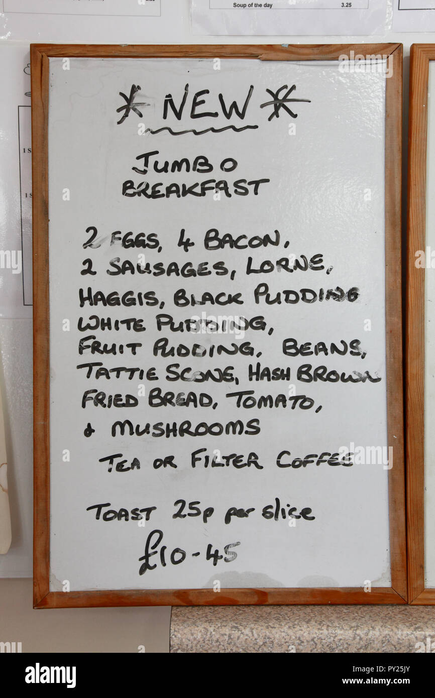 A notice board advertising a jumbo breakfast at a café in Scrabster, Caithness, Scotland Stock Photo