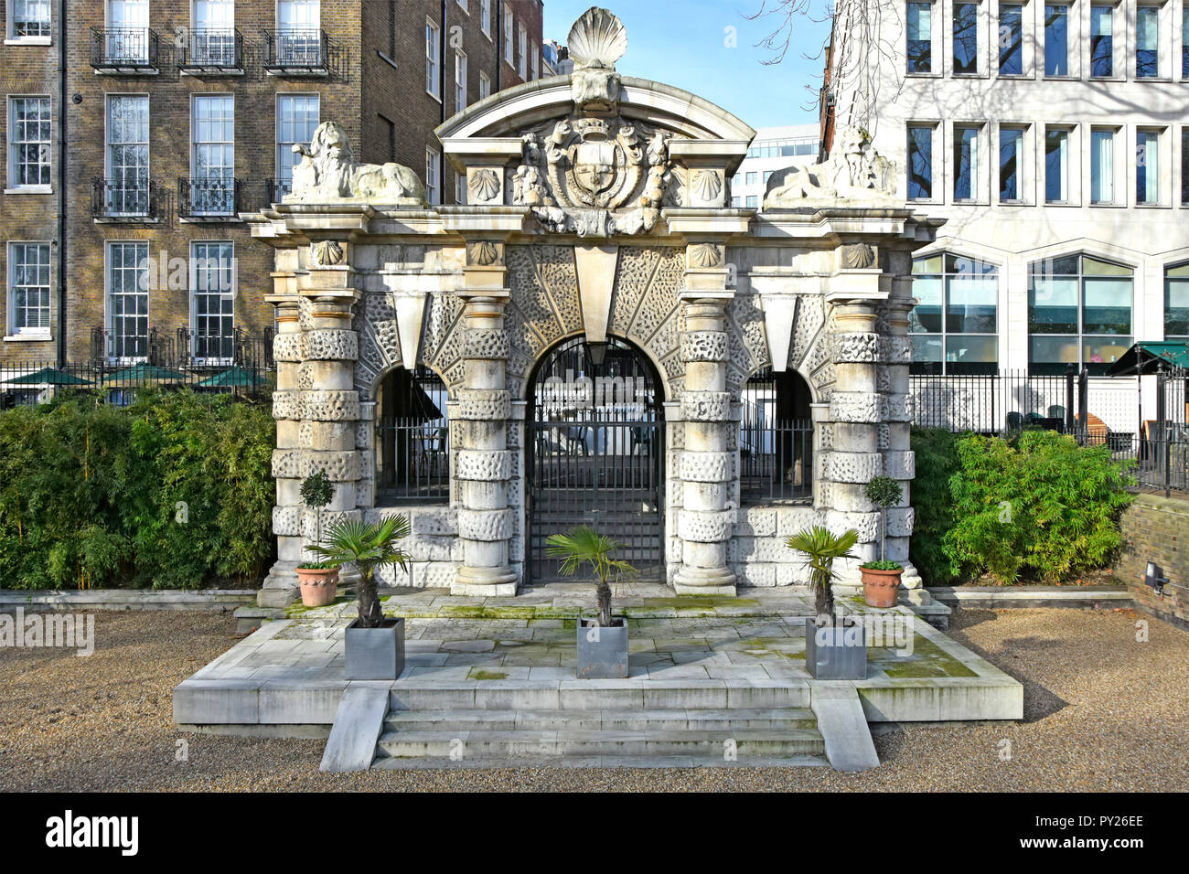 Winter view of the historical Italianate York Water Gate a Watergate that marks shoreline of River Thames before Victoria Embankment was built UK Stock Photo