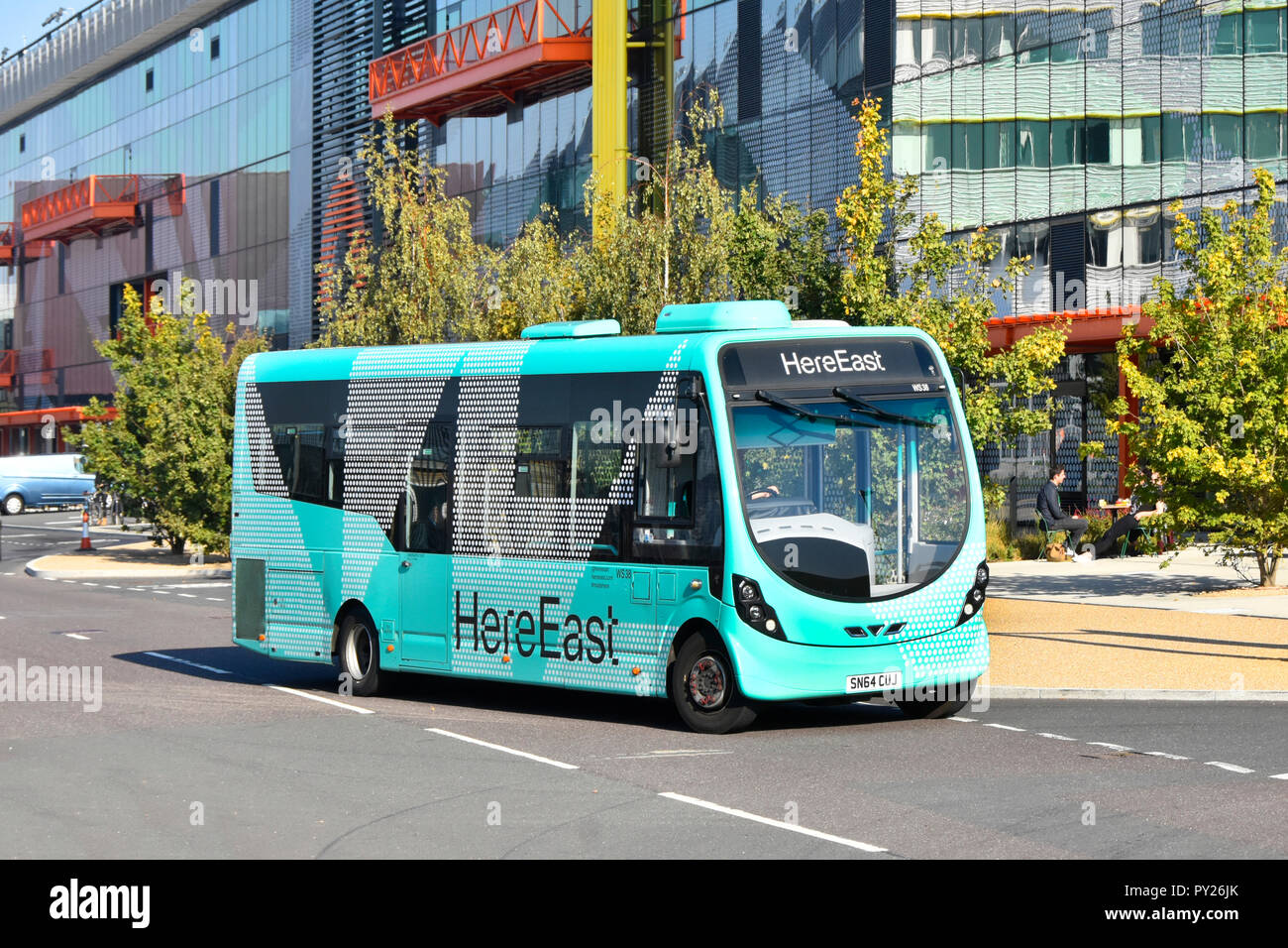 HereEast Hackney Wick public transport bus connects Here East modern innovation centre & technology park to Stratford train & bus station London UK Stock Photo