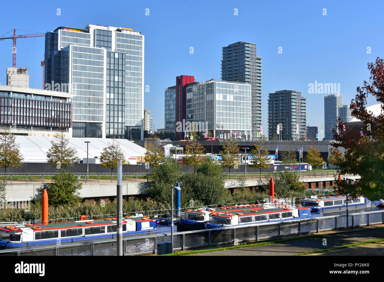 Changing urban landscape & skyline development of offices & apartment building around Westfield at Stratford City & Olympic Park Newham East London UK Stock Photo