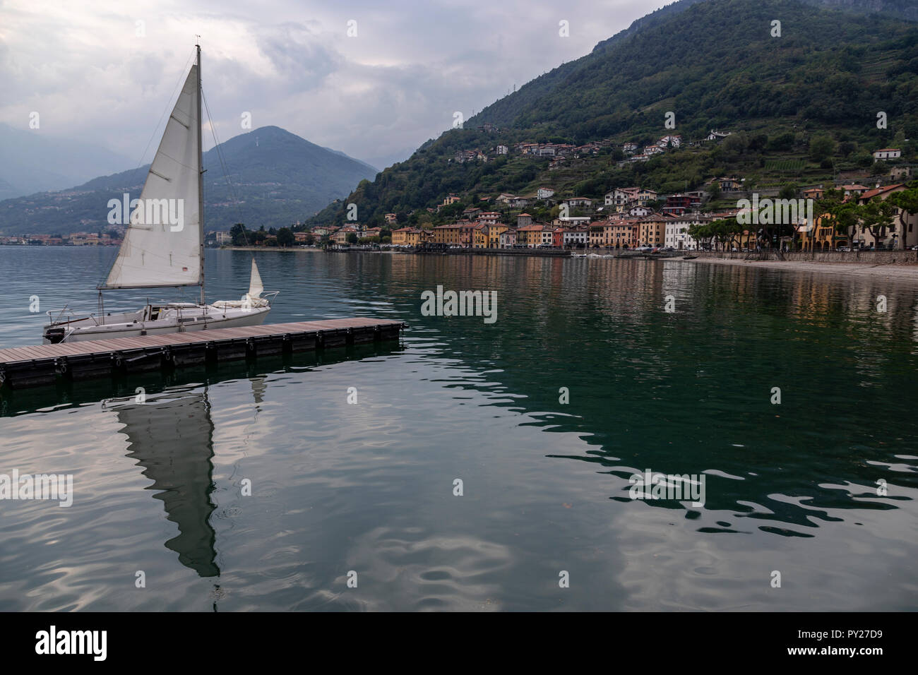 Small yacht moored at Domaso on Lake Como, Italy Stock Photo