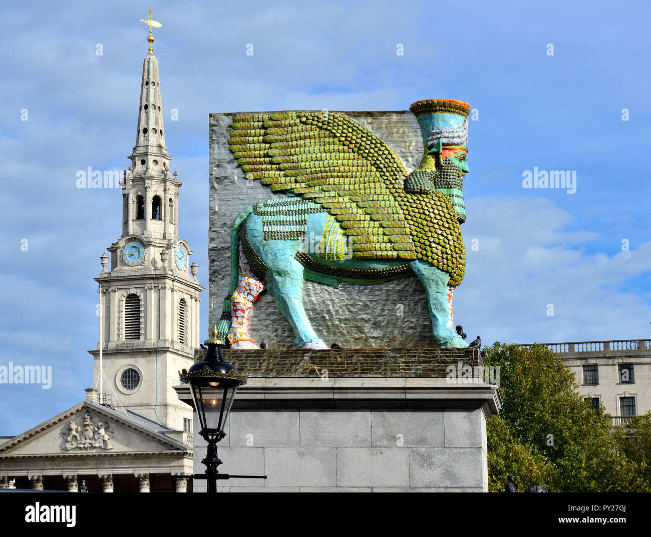 'The Invisible Enemy Should Not Exist' on the Fourth Plinth in Trafalgar Square, London, England, UK. 2018. Designed by Michael Rakowitz and made from Stock Photo