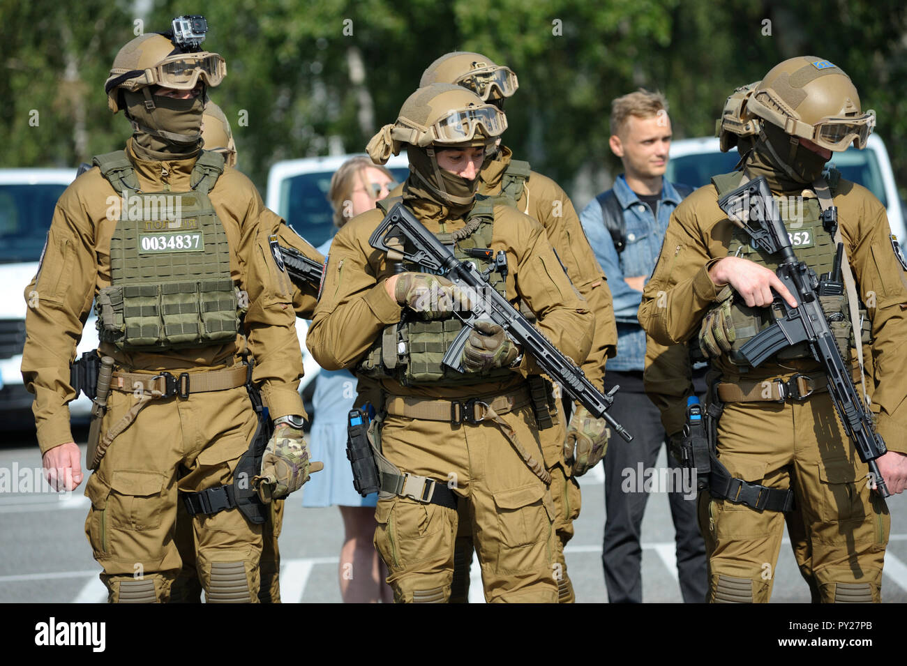 Soldiers of KORD (police strike force, SWAT), full armor, standing in a line on a ground. September 5, 2018. Kiev, Ukraine Stock Photo