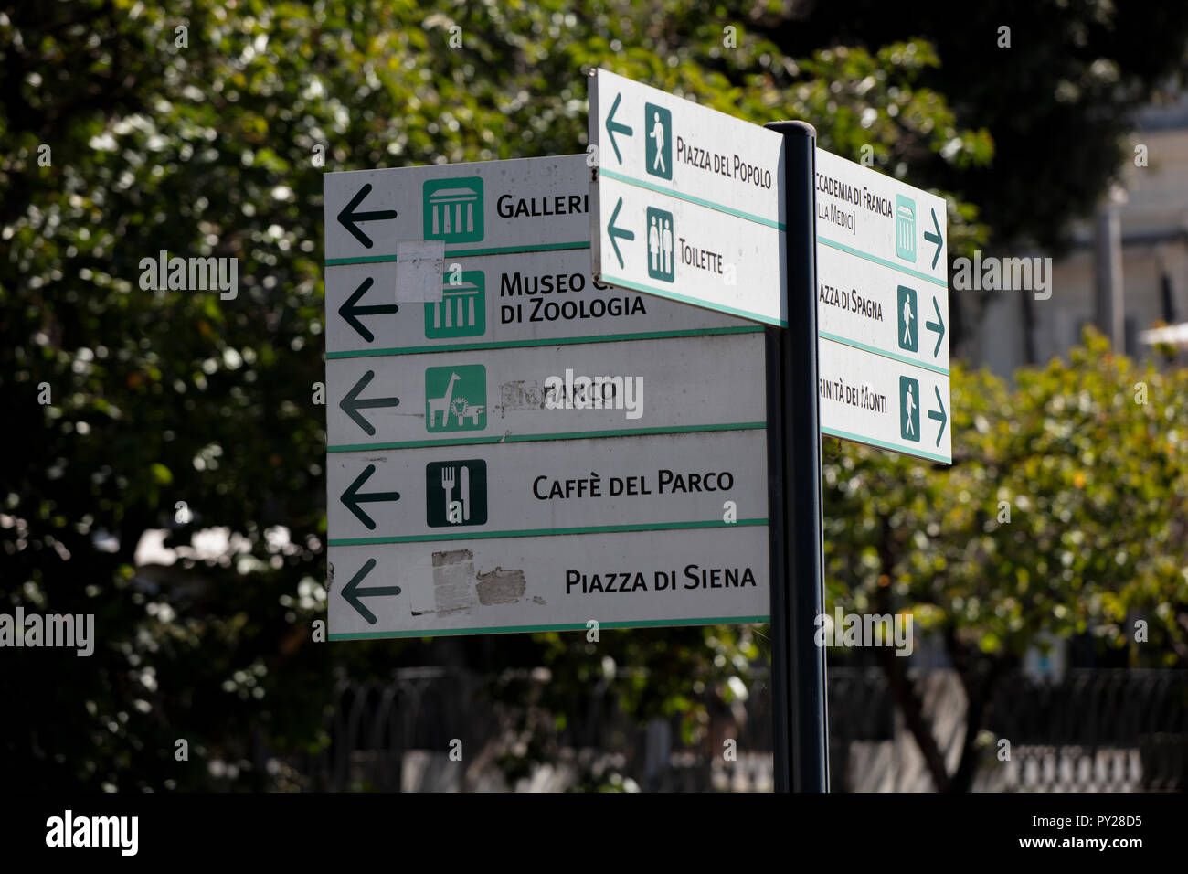 Street sign in the Pincio Gardens with directions to many of the key tourist sights in the area. Stock Photo