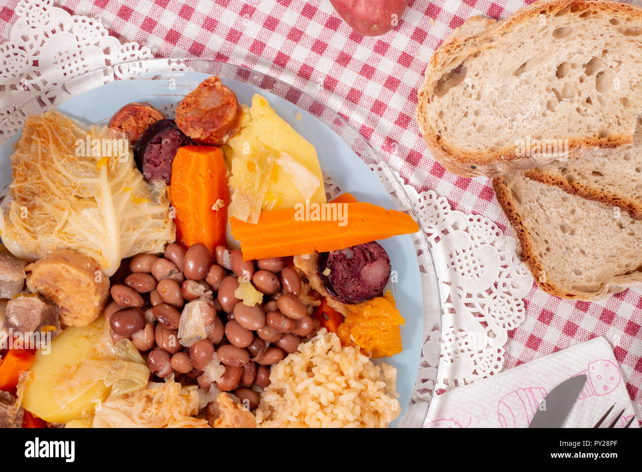 Traditional cozido portuguese boiled stew with beef, bacon, vegetables ...