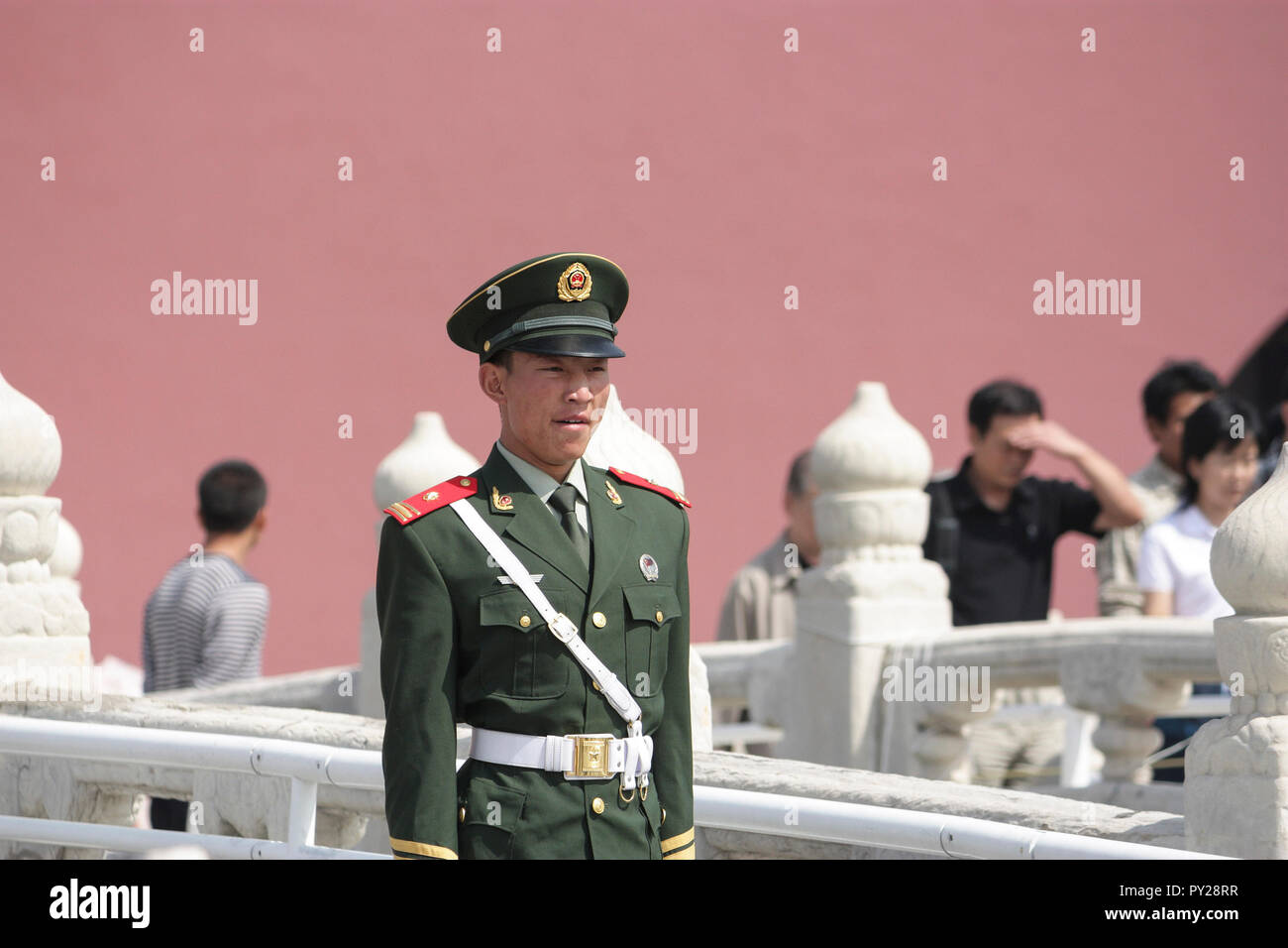 Chinese soldier on duty in front of The Forbidden City during 60th anniversary of the founding of The People's Republic Of China, Beijing, China 2009 Stock Photo