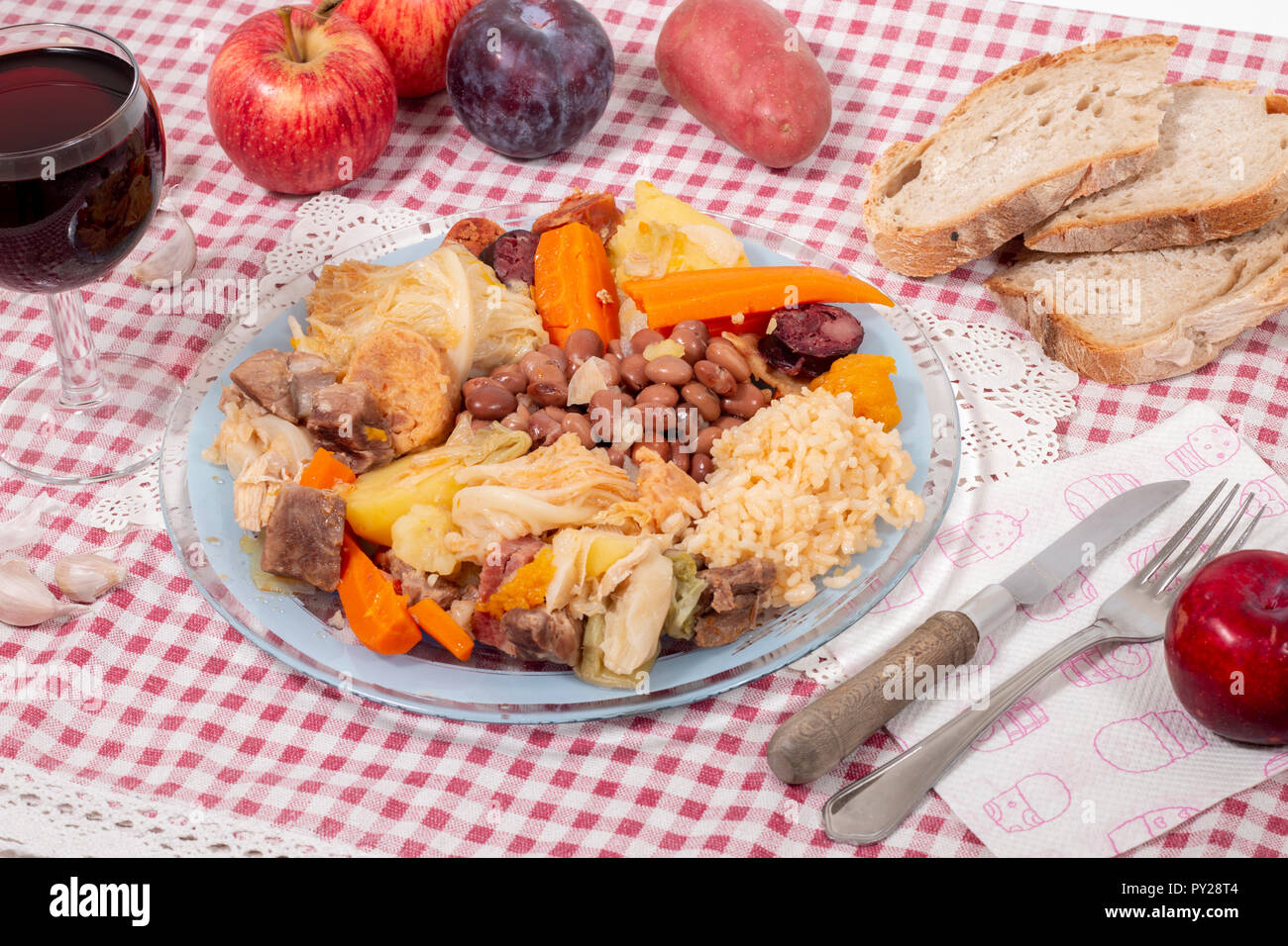 Traditional cozido portuguese boiled stew with beef, bacon, vegetables