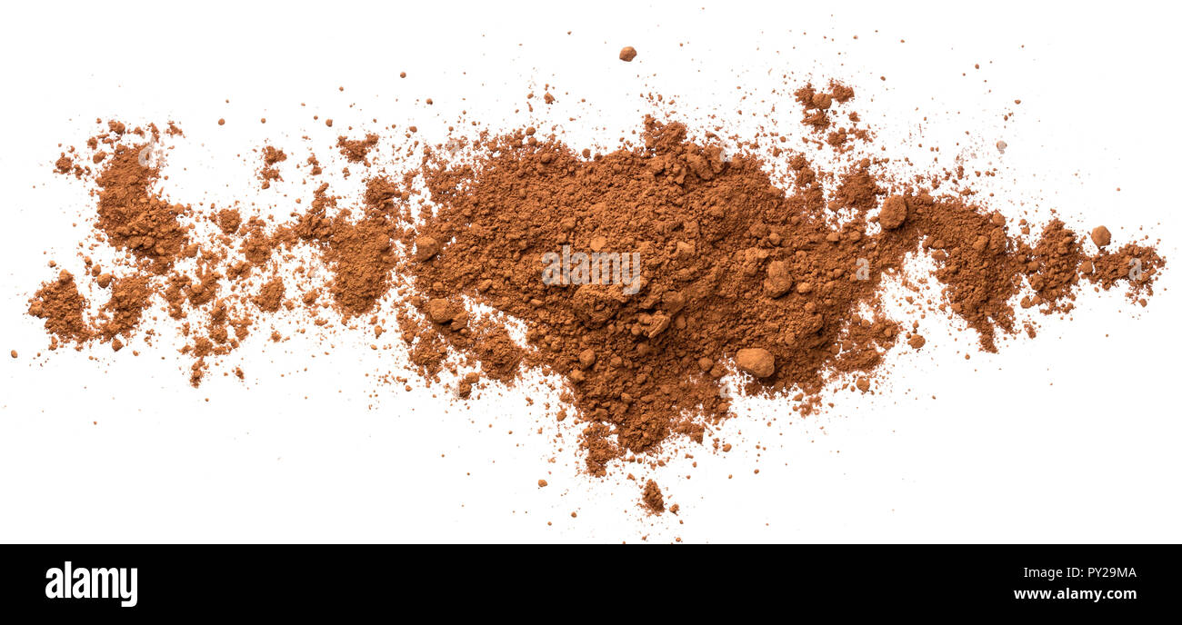 Pile cocoa powder isolated on white background. Top view Stock Photo