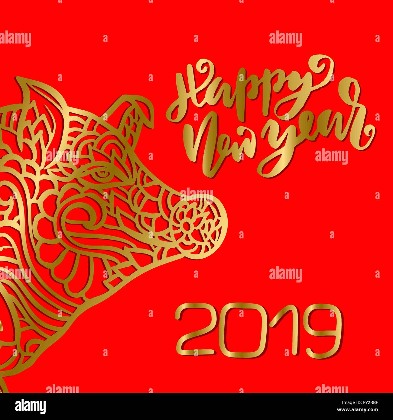Asian new year sign. Mandala style pattern. Gold pig. 2019 vector illustration. Stock Vector