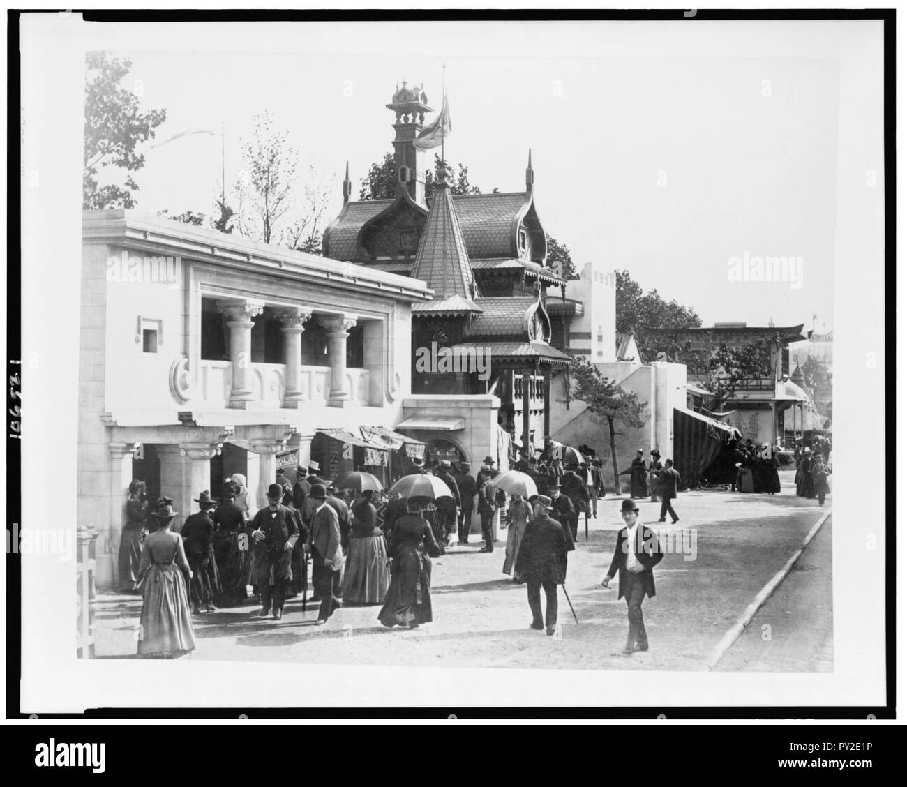 Byzantine house, Russian house, Arab house, and Japanese house in History of Habitation exhibit, Paris Exposition, 1889 Stock Photo