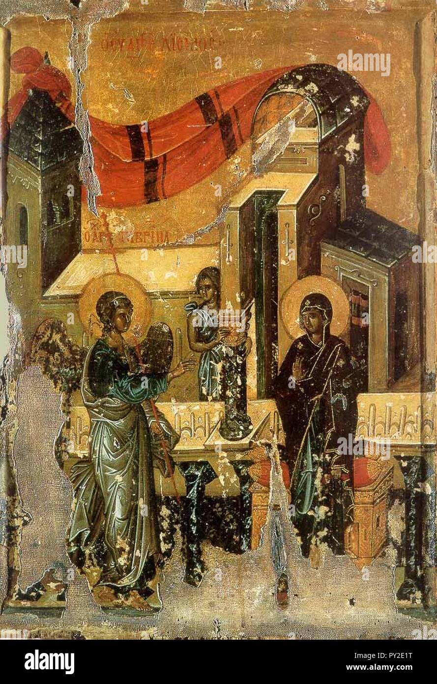 Byzantine icon of the Annunciation (14th c. Stock Photo