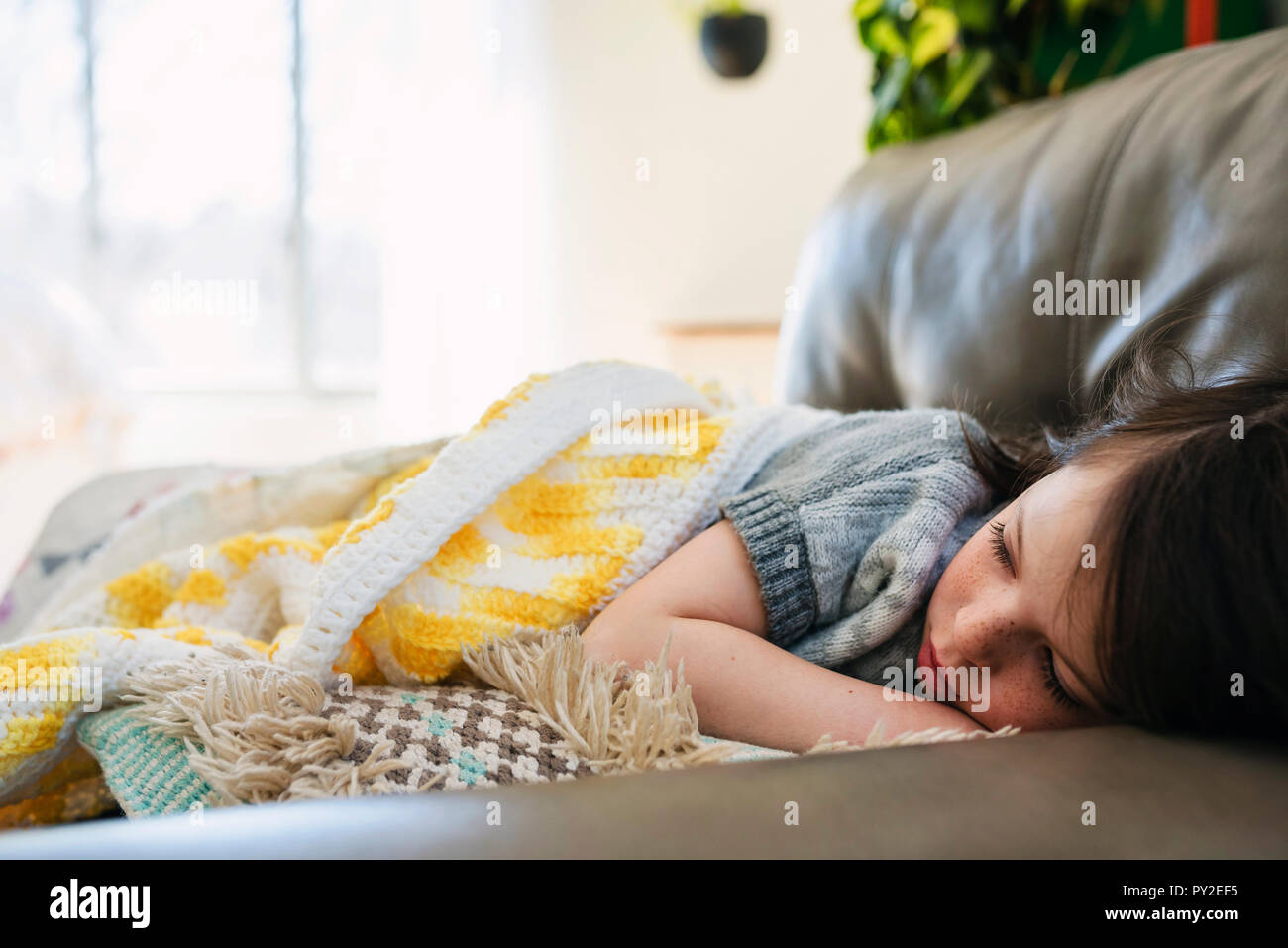 Girl sleeping on a sofa in the living room Stock Photo