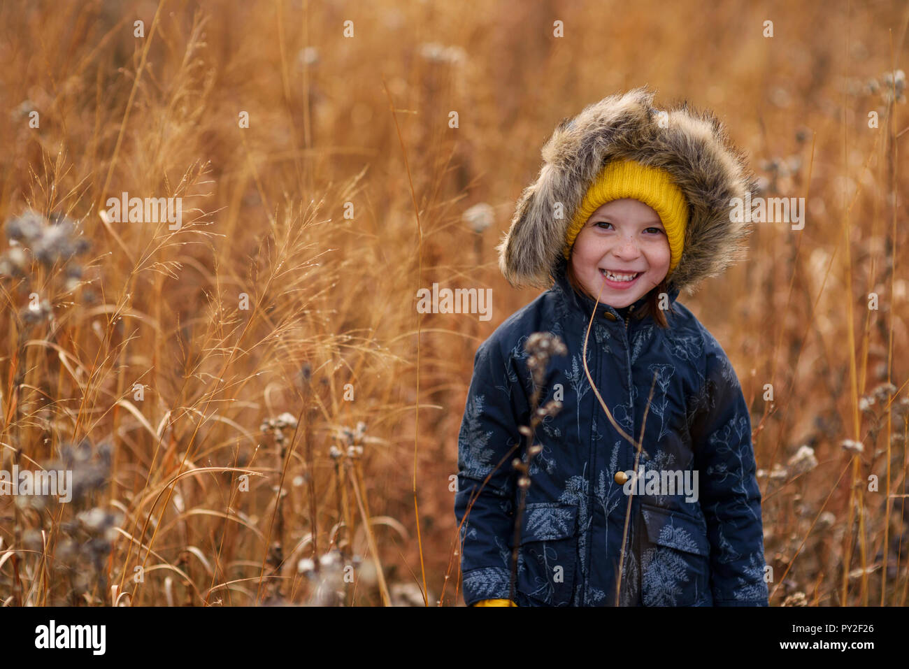 Portrait of a smiling girl standing in a field chewing a piece of long grass, United States Stock Photo