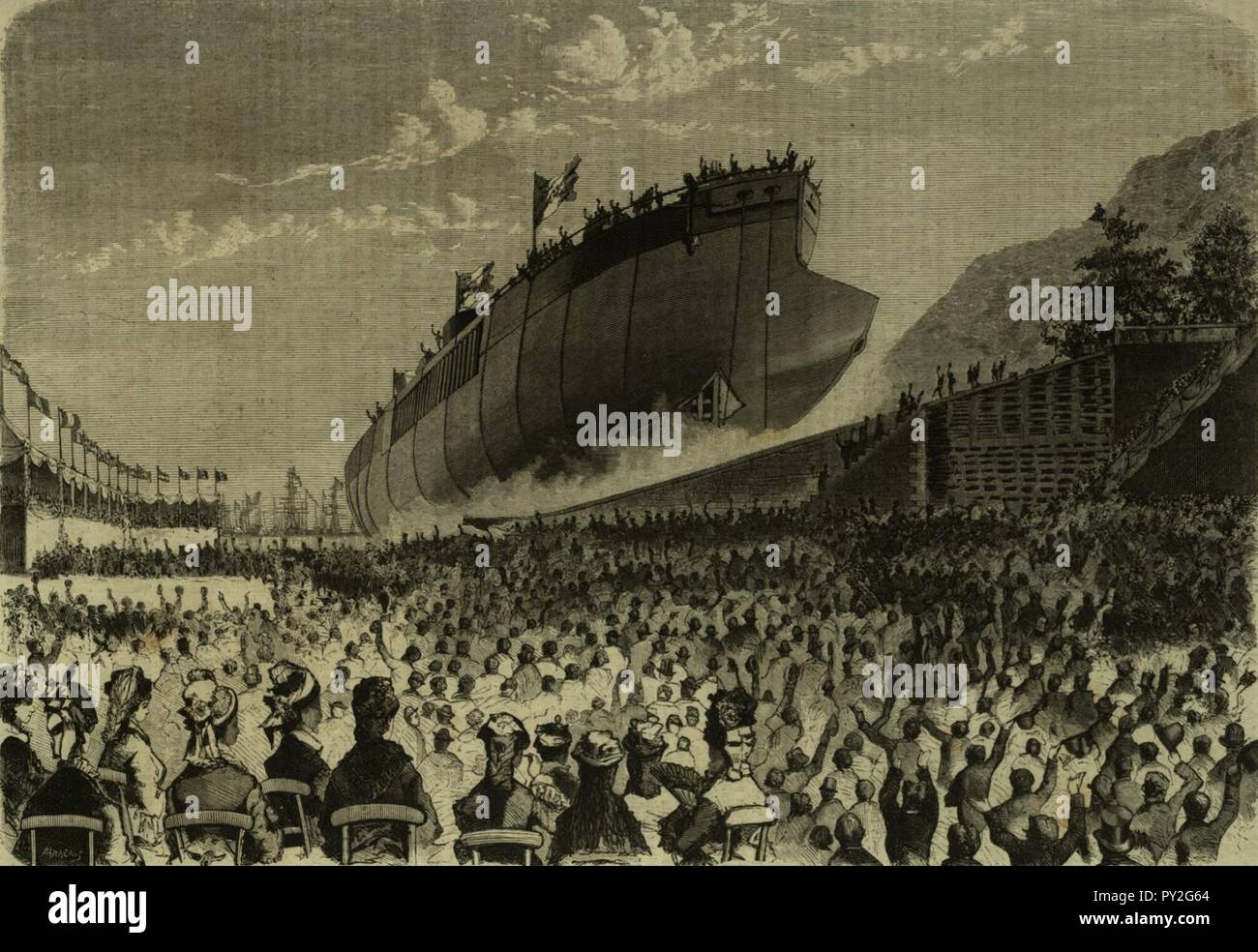 Caio Duilio (ship, 1880) - Launch - L'Illustrazione Italiana. Stock Photo