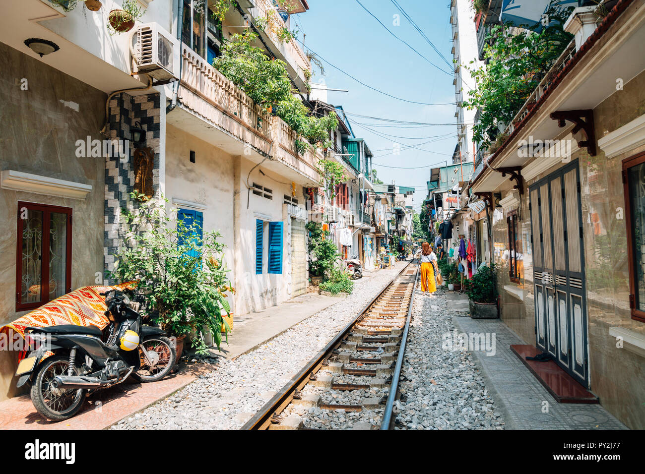 Hanoi train street, old house and railroad in Hanoi, Vietnam Stock